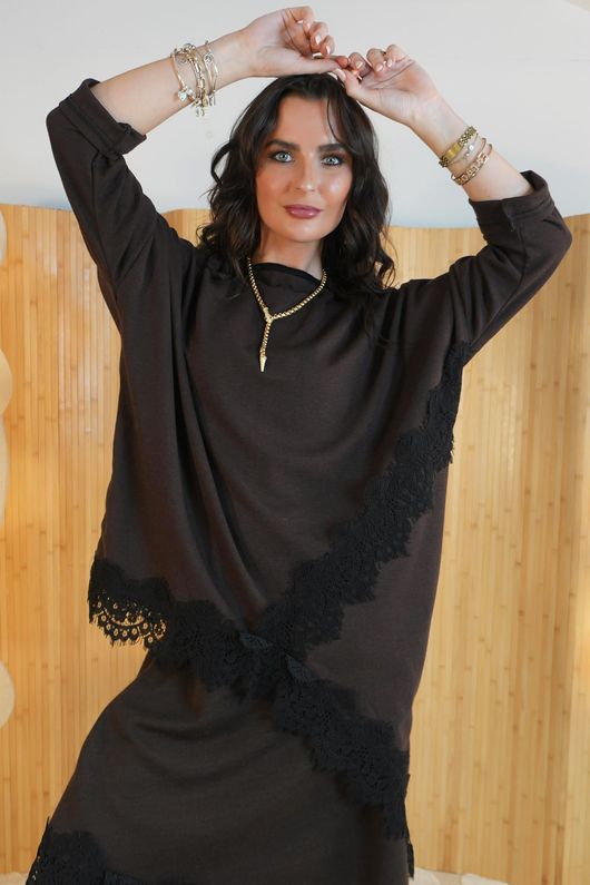 Elena Knit Slant Lace Top Chocolate